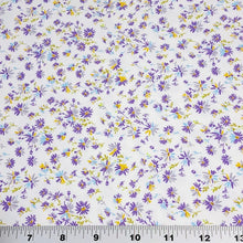 Load image into Gallery viewer, Cotton Spandex Euro Knit Fabric: Dainty Purple or Yellow Beige Floral, Excellent Quality Soft Fabric, 4-way stretch. Sold by the 1/2 yard.
