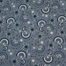 Load image into Gallery viewer, Cotton Spandex Euro Knit Fabric: Cute Denim Blue and White Floral Print, Excellent Quality Soft Fabric, 4-way stretch. Sold by the 1/2 yard.
