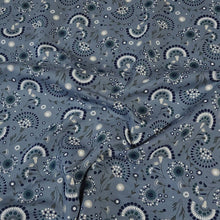 Load image into Gallery viewer, Cotton Spandex Euro Knit Fabric: Cute Denim Blue and White Floral Print, Excellent Quality Soft Fabric, 4-way stretch. Sold by the 1/2 yard.
