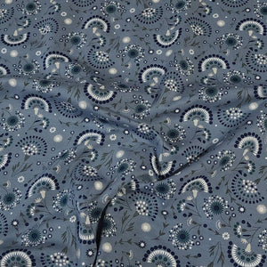 Cotton Spandex Euro Knit Fabric: Cute Denim Blue and White Floral Print, Excellent Quality Soft Fabric, 4-way stretch. Sold by the 1/2 yard.