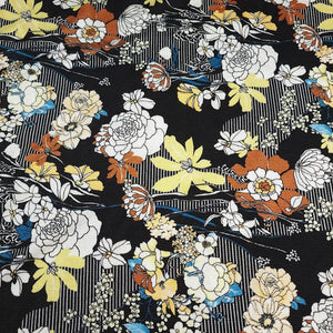 Viscose Spandex Knit Blend Euro Knit.  Blue or Black Lightweight and Pretty Flowy Floral Drape 4-Way Stretch, Sold by the 1/2 yard.