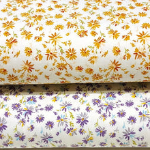 Load image into Gallery viewer, Cotton Spandex Euro Knit Fabric: Dainty Purple or Yellow Beige Floral, Excellent Quality Soft Fabric, 4-way stretch. Sold by the 1/2 yard.
