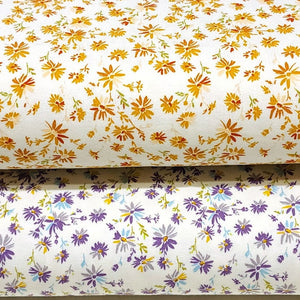 Cotton Spandex Euro Knit Fabric: Dainty Purple or Yellow Beige Floral, Excellent Quality Soft Fabric, 4-way stretch. Sold by the 1/2 yard.