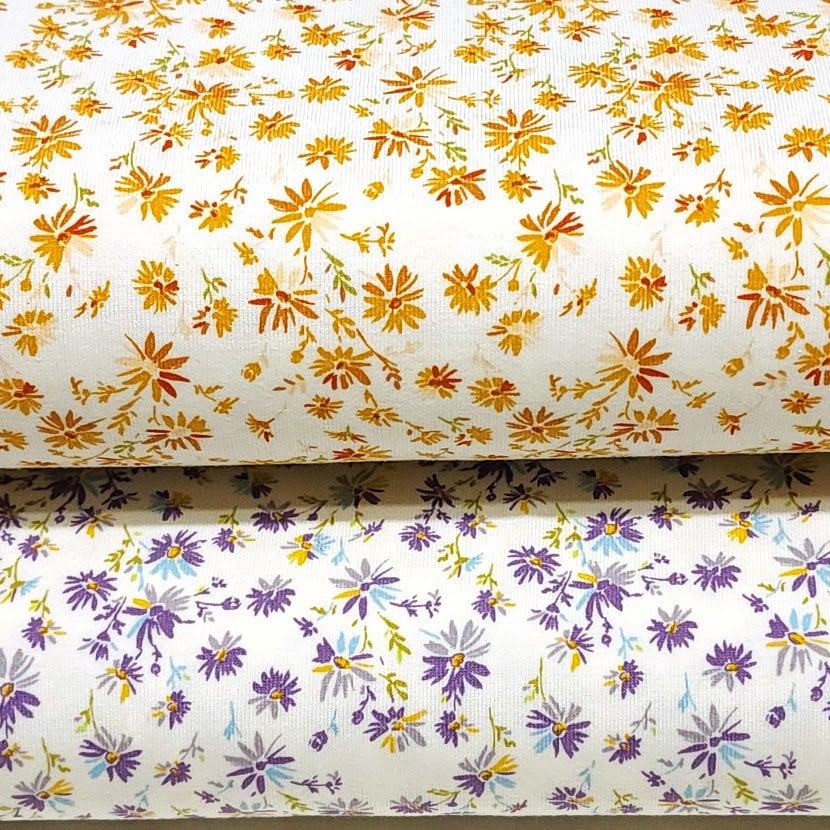 Cotton Spandex Euro Knit Fabric: Dainty Purple or Yellow Beige Floral, Excellent Quality Soft Fabric, 4-way stretch. Sold by the 1/2 yard.