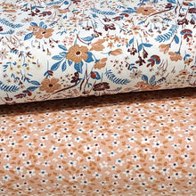 Load image into Gallery viewer, Euro Knit Fabric, Cotton Spandex Jersey, Pretty Taupe Beige, Blue, and Pink  Floral Print, 4-way stretch Cotton, Sold by the 1/2 yard.
