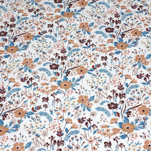 Load image into Gallery viewer, Euro Knit Fabric, Cotton Spandex Jersey, Pretty Taupe Beige, Blue, and Pink  Floral Print, 4-way stretch Cotton, Sold by the 1/2 yard.
