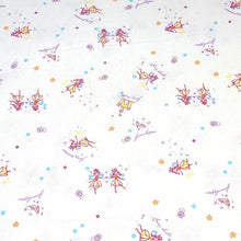 Load image into Gallery viewer, Spandex Blend Knit Fabric, 4-Way Stretch, Cute Fairies and Castle Print on Cream. Cute and So Comfortable, Sold by the 1/2 yard
