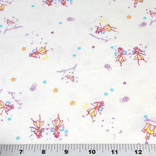 Load image into Gallery viewer, Spandex Blend Knit Fabric, 4-Way Stretch, Cute Fairies and Castle Print on Cream. Cute and So Comfortable, Sold by the 1/2 yard
