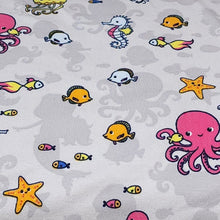 Load image into Gallery viewer, Cotton Spandex Euro Knit Fabric, Sea Life with Octopus, Seahorse, Mermaids. Nice Quality Soft Fabric, 4-way Stretch. Sold by the 1/2 yard.
