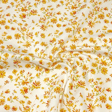 Load image into Gallery viewer, Cotton Spandex Euro Knit Fabric: Dainty Purple or Yellow Beige Floral, Excellent Quality Soft Fabric, 4-way stretch. Sold by the 1/2 yard.
