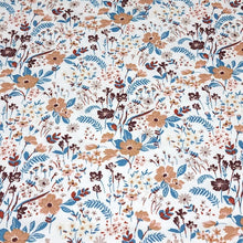 Load image into Gallery viewer, Euro Knit Fabric, Cotton Spandex Jersey, Pretty Taupe Beige, Blue, and Pink  Floral Print, 4-way stretch Cotton, Sold by the 1/2 yard.
