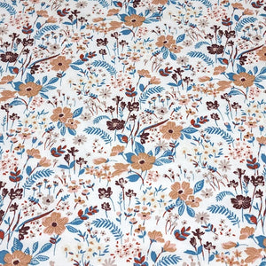 Euro Knit Fabric, Cotton Spandex Jersey, Pretty Taupe Beige, Blue, and Pink  Floral Print, 4-way stretch Cotton, Sold by the 1/2 yard.