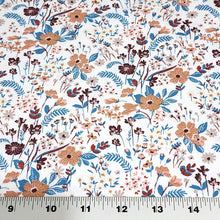 Load image into Gallery viewer, Euro Knit Fabric, Cotton Spandex Jersey, Pretty Taupe Beige, Blue, and Pink  Floral Print, 4-way stretch Cotton, Sold by the 1/2 yard.
