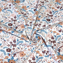 Load image into Gallery viewer, Euro Knit Fabric, Cotton Spandex Jersey, Pretty Taupe Beige, Blue, and Pink  Floral Print, 4-way stretch Cotton, Sold by the 1/2 yard.
