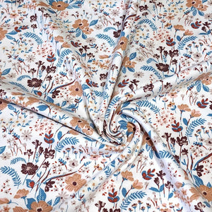 Euro Knit Fabric, Cotton Spandex Jersey, Pretty Taupe Beige, Blue, and Pink  Floral Print, 4-way stretch Cotton, Sold by the 1/2 yard.