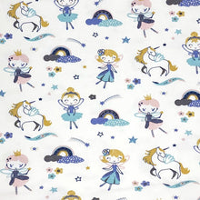 Load image into Gallery viewer, Cotton Spandex Euro Knit Fabric: Ballerina&#39;s Unicorns and Rainbows , Excellent Quality Soft Fabric, 4-way stretch. Sold by the 1/2 yard.
