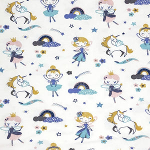 Cotton Spandex Euro Knit Fabric: Ballerina's Unicorns and Rainbows , Excellent Quality Soft Fabric, 4-way stretch. Sold by the 1/2 yard.