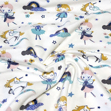 Load image into Gallery viewer, Cotton Spandex Euro Knit Fabric: Ballerina&#39;s Unicorns and Rainbows , Excellent Quality Soft Fabric, 4-way stretch. Sold by the 1/2 yard.
