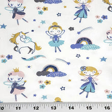 Load image into Gallery viewer, Cotton Spandex Euro Knit Fabric: Ballerina&#39;s Unicorns and Rainbows , Excellent Quality Soft Fabric, 4-way stretch. Sold by the 1/2 yard.
