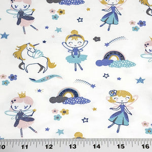 Cotton Spandex Euro Knit Fabric: Ballerina's Unicorns and Rainbows , Excellent Quality Soft Fabric, 4-way stretch. Sold by the 1/2 yard.