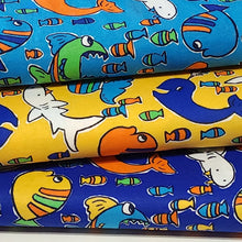 Load image into Gallery viewer, Cotton T-Shirt Stretch Knit Fabric, Colorful Whales, Sharks, and Fish. Lightweight 2-Way Stretch Cotton Blend Fabric. Sold by the 1/2 yard
