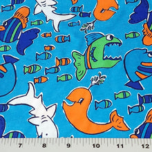 Load image into Gallery viewer, Cotton T-Shirt Stretch Knit Fabric, Colorful Whales, Sharks, and Fish. Lightweight 2-Way Stretch Cotton Blend Fabric. Sold by the 1/2 yard
