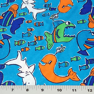 Cotton T-Shirt Stretch Knit Fabric, Colorful Whales, Sharks, and Fish. Lightweight 2-Way Stretch Cotton Blend Fabric. Sold by the 1/2 yard