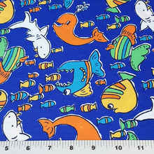 Load image into Gallery viewer, Cotton T-Shirt Stretch Knit Fabric, Colorful Whales, Sharks, and Fish. Lightweight 2-Way Stretch Cotton Blend Fabric. Sold by the 1/2 yard
