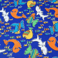 Load image into Gallery viewer, Cotton T-Shirt Stretch Knit Fabric, Colorful Whales, Sharks, and Fish. Lightweight 2-Way Stretch Cotton Blend Fabric. Sold by the 1/2 yard
