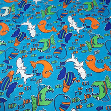 Load image into Gallery viewer, Cotton T-Shirt Stretch Knit Fabric, Colorful Whales, Sharks, and Fish. Lightweight 2-Way Stretch Cotton Blend Fabric. Sold by the 1/2 yard
