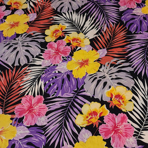 Cotton Stretch Poplin Fabric Tropical Hawaiian Yellow Purple and Pink Hibiscus Floral Print Woven Stretch Fabric, Sold by the 1/2 Yard