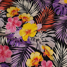 Load image into Gallery viewer, Cotton Stretch Poplin Fabric Tropical Hawaiian Yellow Purple and Pink Hibiscus Floral Print Woven Stretch Fabric, Sold by the 1/2 Yard
