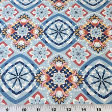 Load image into Gallery viewer, Rayon Challis Fabric Pretty Blue Boho Print with Abstract Floral Design on Lightweight Rayon Woven Fabric for Apparel, Sold by the 1/2 yard
