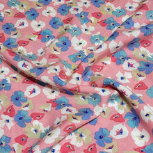 Load image into Gallery viewer, Rayon Challis Fabric, Fun Pretty Pink, Blue, White Floral. Print. Light and Flowing Fabric. Nice Rayon Woven Fabric. Sold by the 1/2 yard
