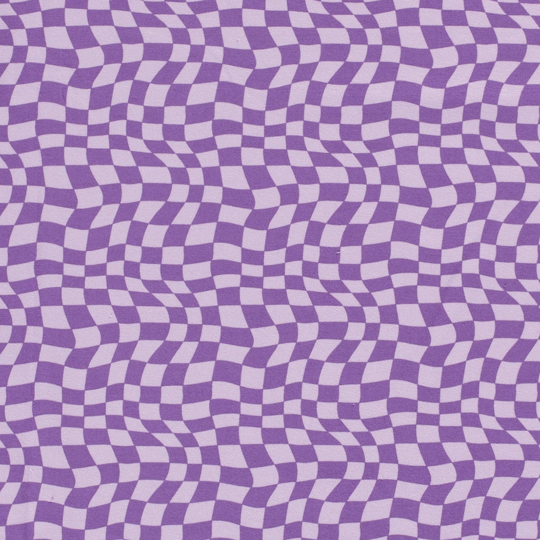 Cotton Spandex European Knit Fabric, Fun Fabric For Kids, Wavy Purple Check. Nice Quality Soft Fabric, 4-way Stretch. Sold by the 1/2 yard.