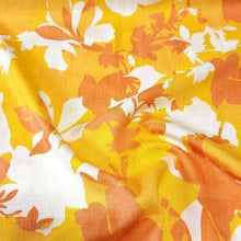 Load image into Gallery viewer, Rayon Linen Blend, Pretty Tropical Yellow and Orange Print on White. Nice Breathable Fabric. No Stretch Woven, Sold by the 1/2 yard
