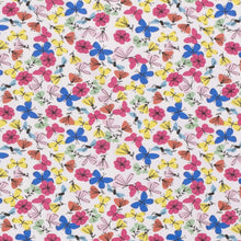 Load image into Gallery viewer, Cotton Spandex European Knit Fabric, Fun Butterflies and Flowers Fabric. Nice Quality Soft Fabric, 4-way Stretch. Sold by the 1/2 yard.
