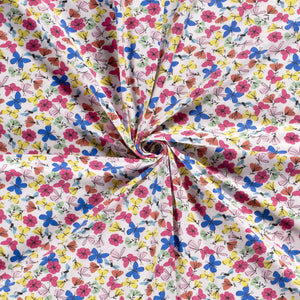 Cotton Spandex European Knit Fabric, Fun Butterflies and Flowers Fabric. Nice Quality Soft Fabric, 4-way Stretch. Sold by the 1/2 yard.