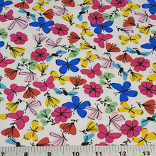 Load image into Gallery viewer, Cotton Spandex European Knit Fabric, Fun Butterflies and Flowers Fabric. Nice Quality Soft Fabric, 4-way Stretch. Sold by the 1/2 yard.
