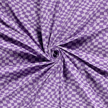 Load image into Gallery viewer, Cotton Spandex European Knit Fabric, Fun Fabric For Kids, Wavy Purple Check. Nice Quality Soft Fabric, 4-way Stretch. Sold by the 1/2 yard.
