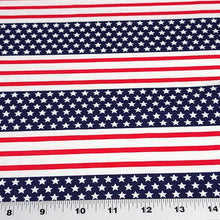 Load image into Gallery viewer, Cotton Spandex Fabric. Red White and Blue Fabric, Patriotic 4th of July, 4-way stretch. Sold by the 1/2 yard.
