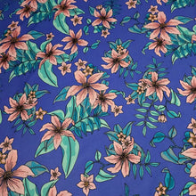 Load image into Gallery viewer, SWIM Fabric: Nylon Spandex, Swimwear Fabric, Pink Tropical Floral on a Periwinkle Blue. Very Pretty Fabric. Sold by the 1/2 yard
