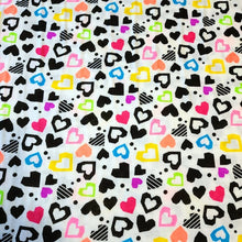 Load image into Gallery viewer, Fun Colorful Heart Knit Fabric. Cotton Blend T-Shirt Knit. Cute Fabric, Lightweight and Soft 2-way stretch Fabric. Sold by the 1/2 yard
