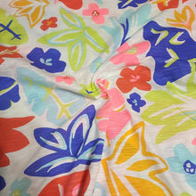 Load image into Gallery viewer, Lightweight Cotton Knit Fabric, Pretty Tropical Print, Slub Knit Look. Fun Lightweight 2-way stretch Fabric. Sold by the 1/2 yard
