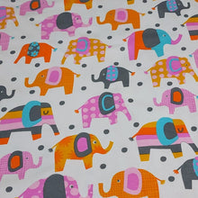 Load image into Gallery viewer, Cotton Spandex Stretch Knit Jersey Fabric, Playful and Colorful Elephant Fabric, Fun and Durable 4-way stretch Fabric.  Sold by the 1/2 yard
