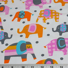 Load image into Gallery viewer, Cotton Spandex Stretch Knit Jersey Fabric, Playful and Colorful Elephant Fabric, Fun and Durable 4-way stretch Fabric.  Sold by the 1/2 yard
