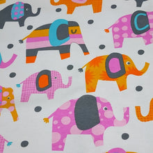 Load image into Gallery viewer, Cotton Spandex Stretch Knit Jersey Fabric, Playful and Colorful Elephant Fabric, Fun and Durable 4-way stretch Fabric.  Sold by the 1/2 yard
