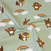 Load image into Gallery viewer, Cotton Spandex European Knit Fabric, Fun Fabric For Kids, Rainbows Raccoons. Nice Quality Soft Fabric, 4-way Stretch. Sold by the 1/2 yard.
