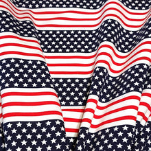 Load image into Gallery viewer, Cotton Spandex Fabric. Red White and Blue Fabric, Patriotic 4th of July, 4-way stretch. Sold by the 1/2 yard.
