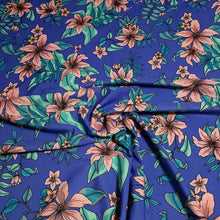 Load image into Gallery viewer, SWIM Fabric: Nylon Spandex, Swimwear Fabric, Pink Tropical Floral on a Periwinkle Blue. Very Pretty Fabric. Sold by the 1/2 yard
